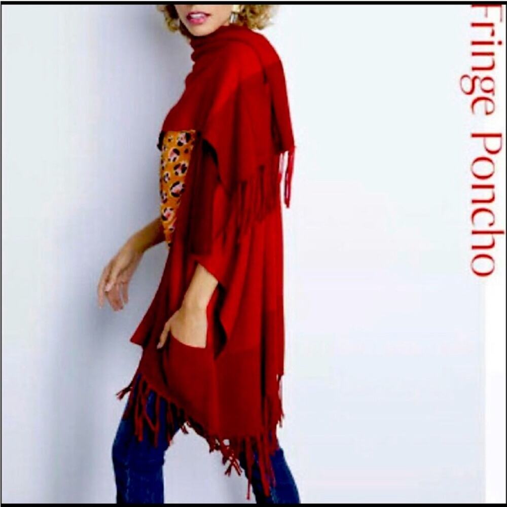 Cabi‎ Firebrick Red fringe trim knit wrap poncho sweater size XS / S #3841